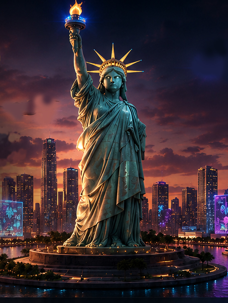 New York Web Design, SEO and AI Optimization — The Statue of Liberty with a glowing golden AI torch stands above the New York City skyline at sunset, with flying drones and holographic data panels showing +412% traffic growth. New York's #1 AI-Powered Digital Growth Company. We Design. We Rank. We Innovate. Premium website design, SEO and AI solutions. 500+ projects delivered, 98% client satisfaction.